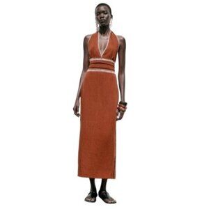 Zara Women Terracotta Embroidered Midi Dress Brown Size XS